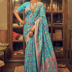 Pure Silk Banarasi Saree with Exquisite Zari Weaving Firozi