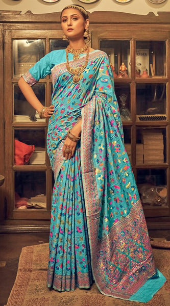 Pure Silk Banarasi Saree with Exquisite Zari Weaving Firozi
