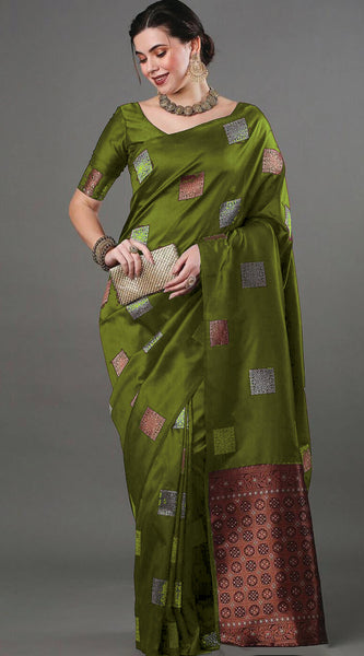 Ethnic Banarasi Saree – Handwoven Soft Silk Fabric Mehndi Saree