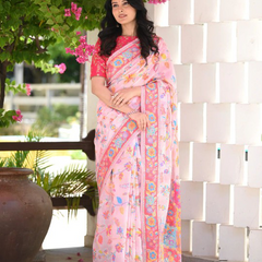 Printed Banarasi Silk Saree with Heavy Zari Brocade Pink Saree