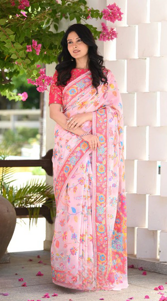 Printed Banarasi Silk Saree with Heavy Zari Brocade Pink Saree