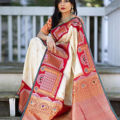 Pure Banarasi Silk Saree with Intricate Weaving White with red Big Border