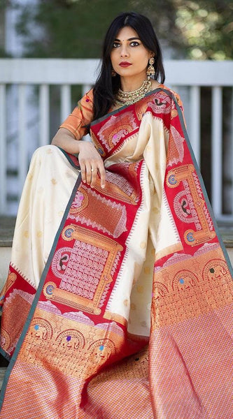 Pure Banarasi Silk Saree with Intricate Weaving White with red Big Border