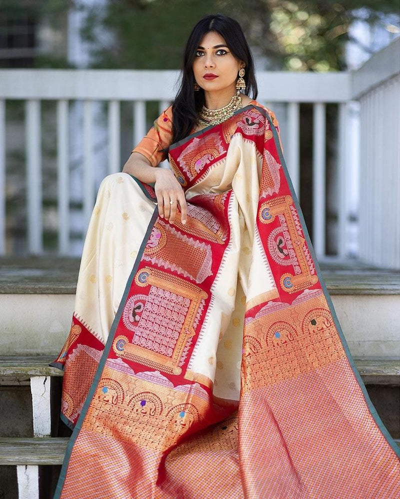 Pure Banarasi Silk Saree with Intricate Weaving White with red Big Border
