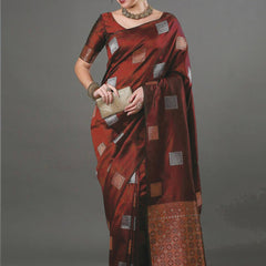 Ethnic Banarasi Saree – Handwoven Soft Silk Fabric Marron Saree