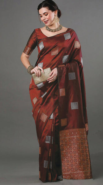 Ethnic Banarasi Saree – Handwoven Soft Silk Fabric Marron Saree