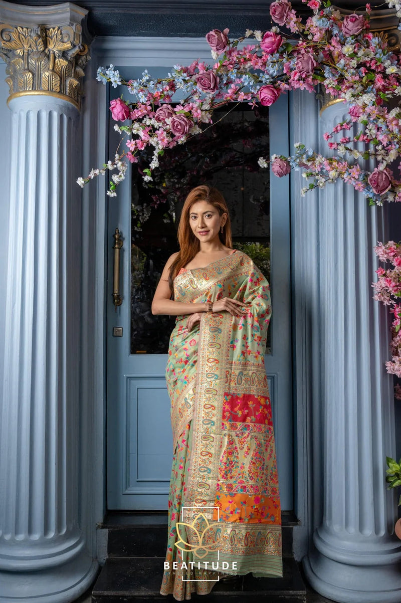 Wedding Special Banarasi Silk Saree with Zari Work Pasta Green