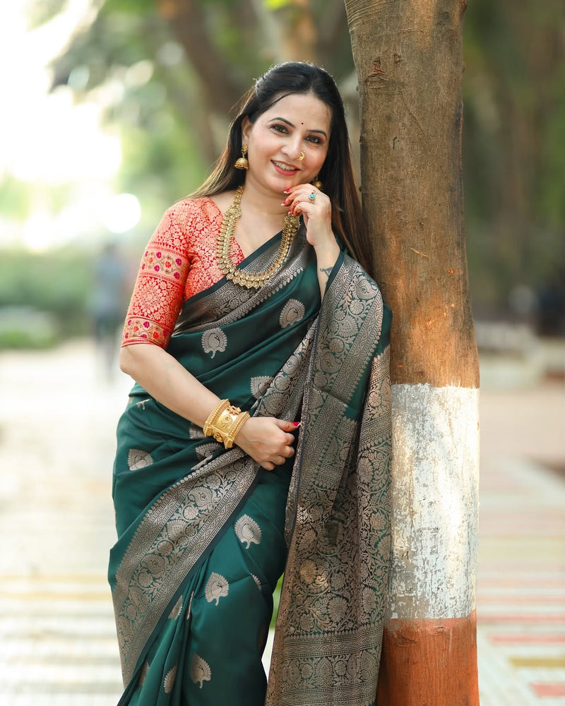 Regal Green & Gold Banarasi Silk Saree with Contrasting Red Brocade Blouse