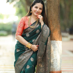 Regal Green & Gold Banarasi Silk Saree with Contrasting Red Brocade Blouse