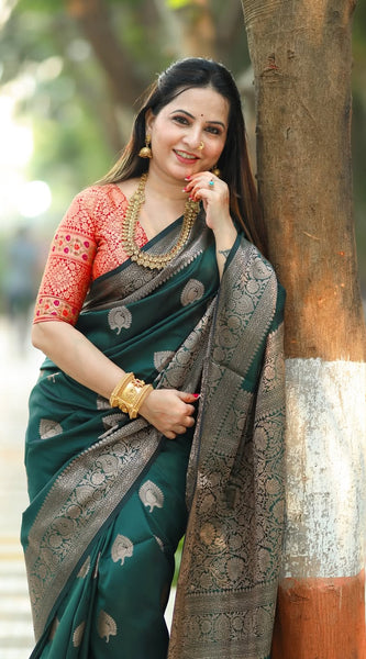 Regal Green & Gold Banarasi Silk Saree with Contrasting Red Brocade Blouse
