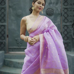 Elegant Banarasi Silk Saree with Gold Zari Embellishments Light Purple