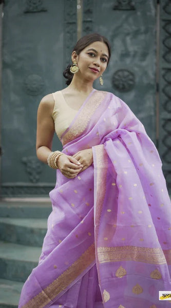 Elegant Banarasi Silk Saree with Gold Zari Embellishments Light Purple