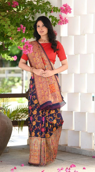 Elegant Banarasi Silk Saree with Zari Border & Pallu Blue