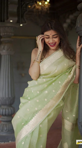 Elegant Banarasi Silk Saree with Gold Zari Embellishments Pista Green