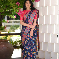 Printed Banarasi Silk Saree with Heavy Zari Brocade Navy Blue