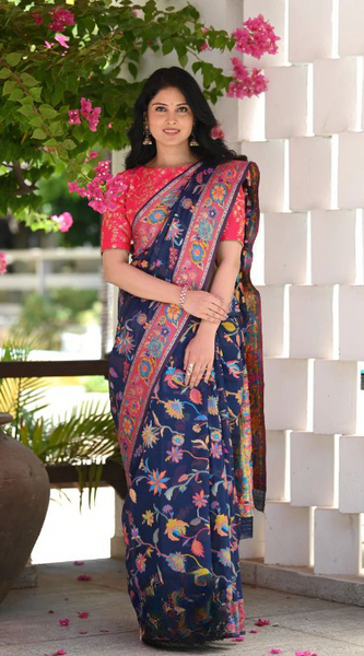 Printed Banarasi Silk Saree with Heavy Zari Brocade Navy Blue