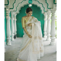 Elegant Banarasi Silk Saree with Gold Zari Embellishments White