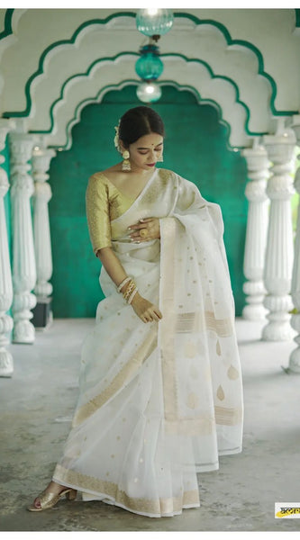 Elegant Banarasi Silk Saree with Gold Zari Embellishments White