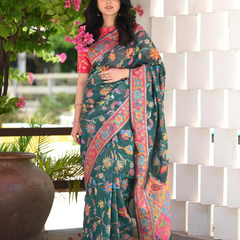 Printed Banarasi Silk Saree with Heavy Zari Brocade Green