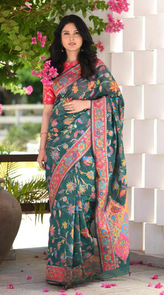 Printed Banarasi Silk Saree with Heavy Zari Brocade Green
