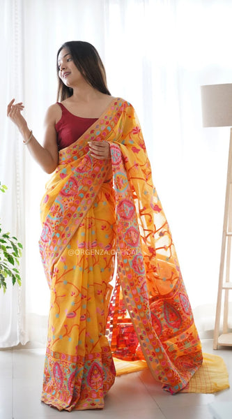 Banarasi Silk Saree Printed– Rich Fabric, Royal Look Yellow Saree