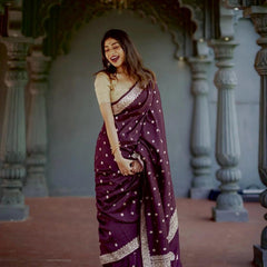 Elegant Banarasi Silk Saree with Gold Zari Embellishments Wine