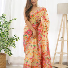 Banarasi Silk Saree Printed– Rich Fabric, Royal Look Light Yellow