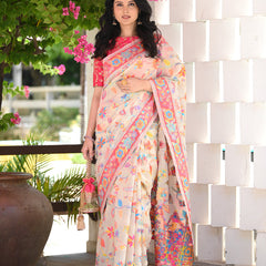 Printed Banarasi Silk Saree with Heavy Zari Brocade White