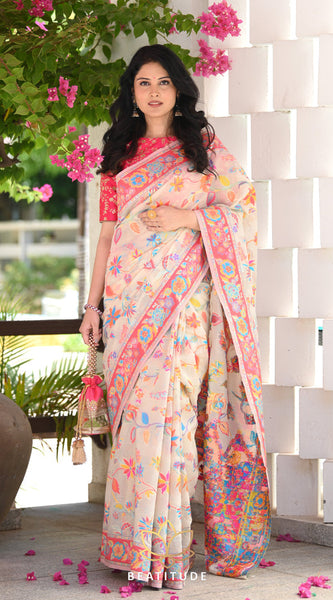 Printed Banarasi Silk Saree with Heavy Zari Brocade White