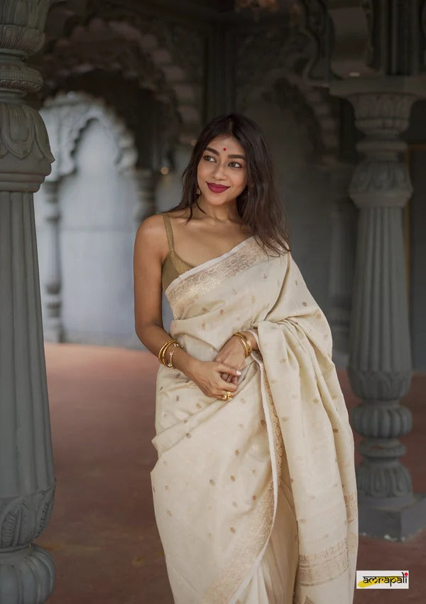 Elegant Banarasi Silk Saree with Gold Zari Embellishments Cream