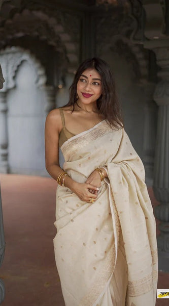 Elegant Banarasi Silk Saree with Gold Zari Embellishments Cream