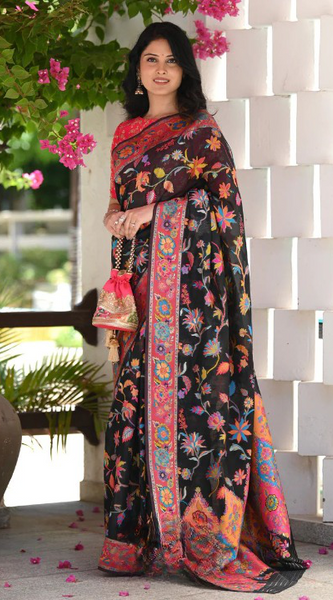 Printed Banarasi Silk Saree with Heavy Zari Brocade Black