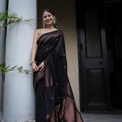 Extraordinary Black Soft Silk Saree With Intricate Blouse Piece