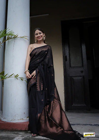Extraordinary Black Soft Silk Saree With Intricate Blouse Piece