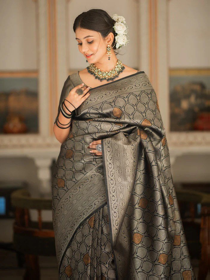 Sumptuous Black Soft Silk Saree With Imbrication Blouse Piece