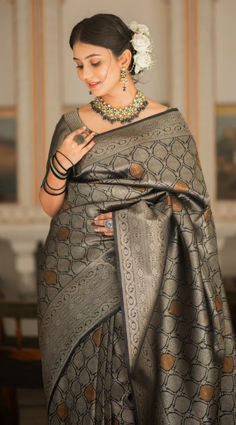 Sumptuous Black Soft Silk Saree With Imbrication Blouse Piece