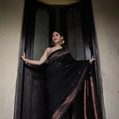 Extraordinary Black Soft Silk Saree With Intricate Blouse Piece