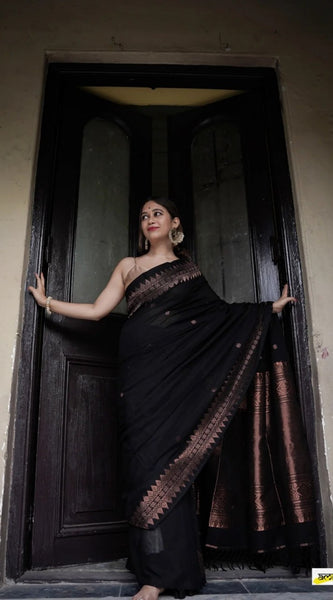 Extraordinary Black Soft Silk Saree With Intricate Blouse Piece