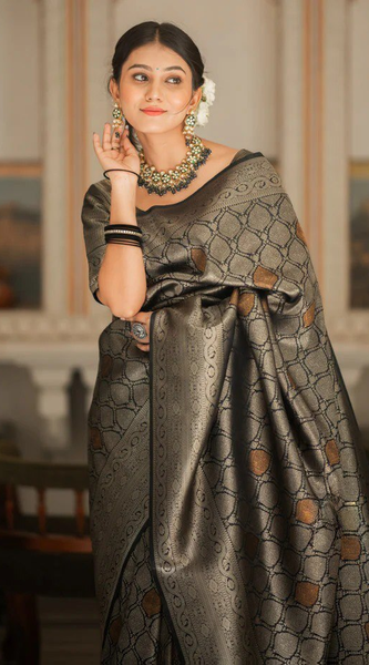 Sumptuous Black Soft Silk Saree With Imbrication Blouse Piece