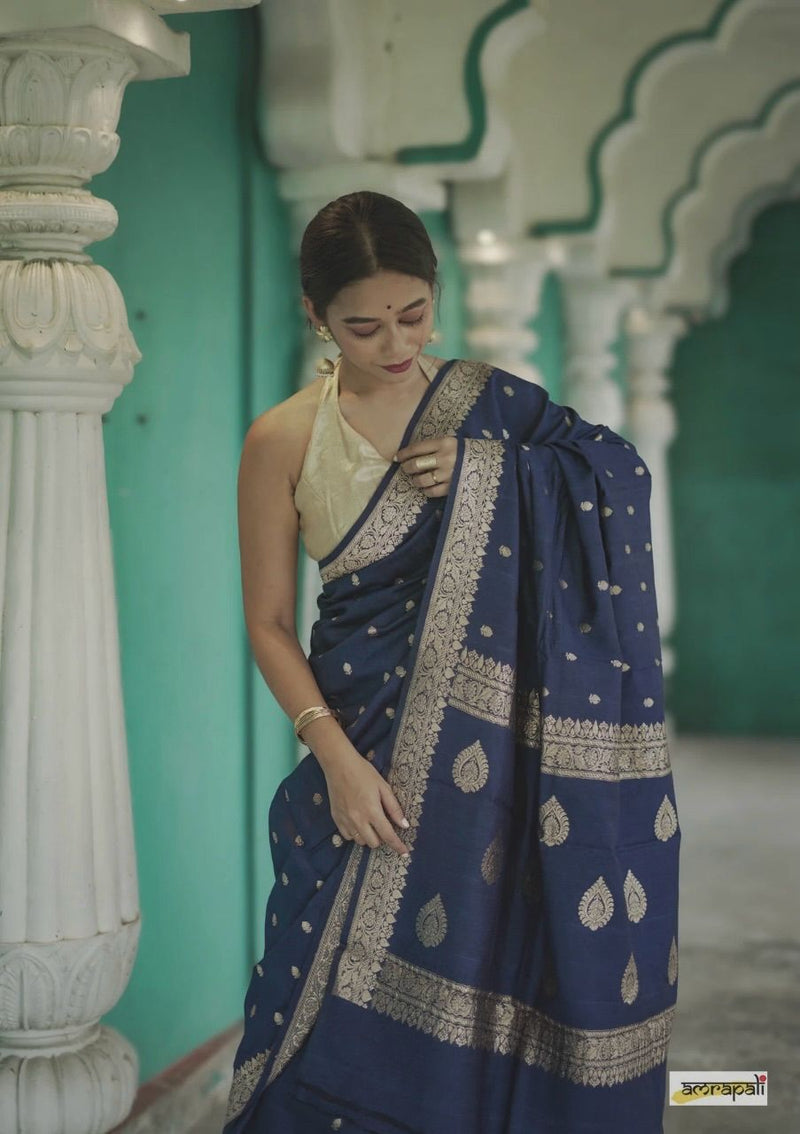 Elegant Banarasi Silk Saree with Gold Zari Embellishments Navy Blue