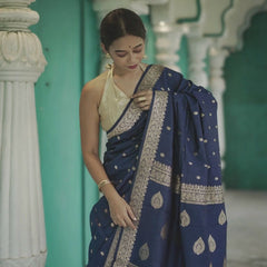 Elegant Banarasi Silk Saree with Gold Zari Embellishments Navy Blue