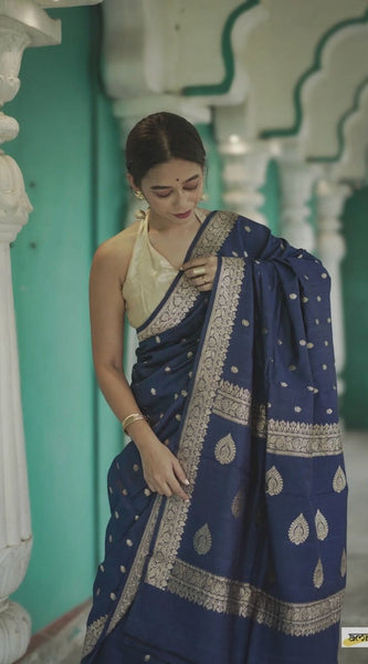 Elegant Banarasi Silk Saree with Gold Zari Embellishments Navy Blue
