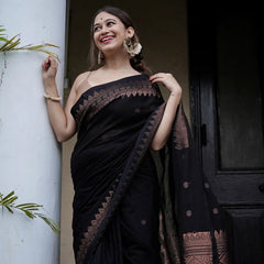 Extraordinary Black Soft Silk Saree With Intricate Blouse Piece