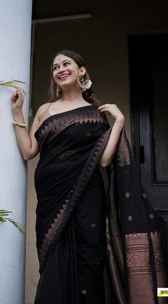 Extraordinary Black Soft Silk Saree With Intricate Blouse Piece