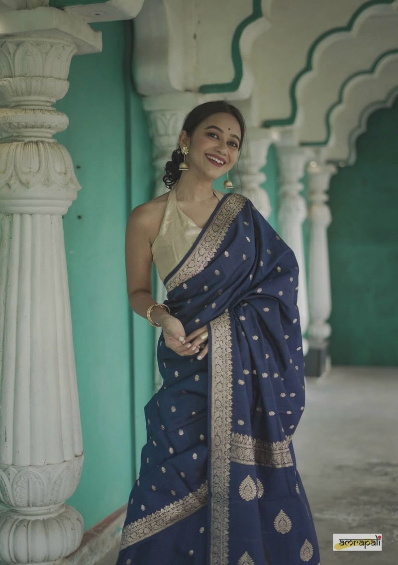 Elegant Banarasi Silk Saree with Gold Zari Embellishments Navy Blue