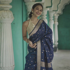 Elegant Banarasi Silk Saree with Gold Zari Embellishments Navy Blue