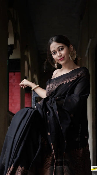 Extraordinary Black Soft Silk Saree With Intricate Blouse Piece
