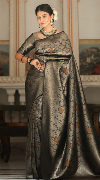 Sumptuous Black Soft Silk Saree With Imbrication Blouse Piece