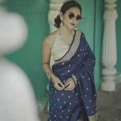 Elegant Banarasi Silk Saree with Gold Zari Embellishments Navy Blue