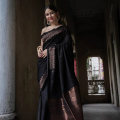 Extraordinary Black Soft Silk Saree With Intricate Blouse Piece
